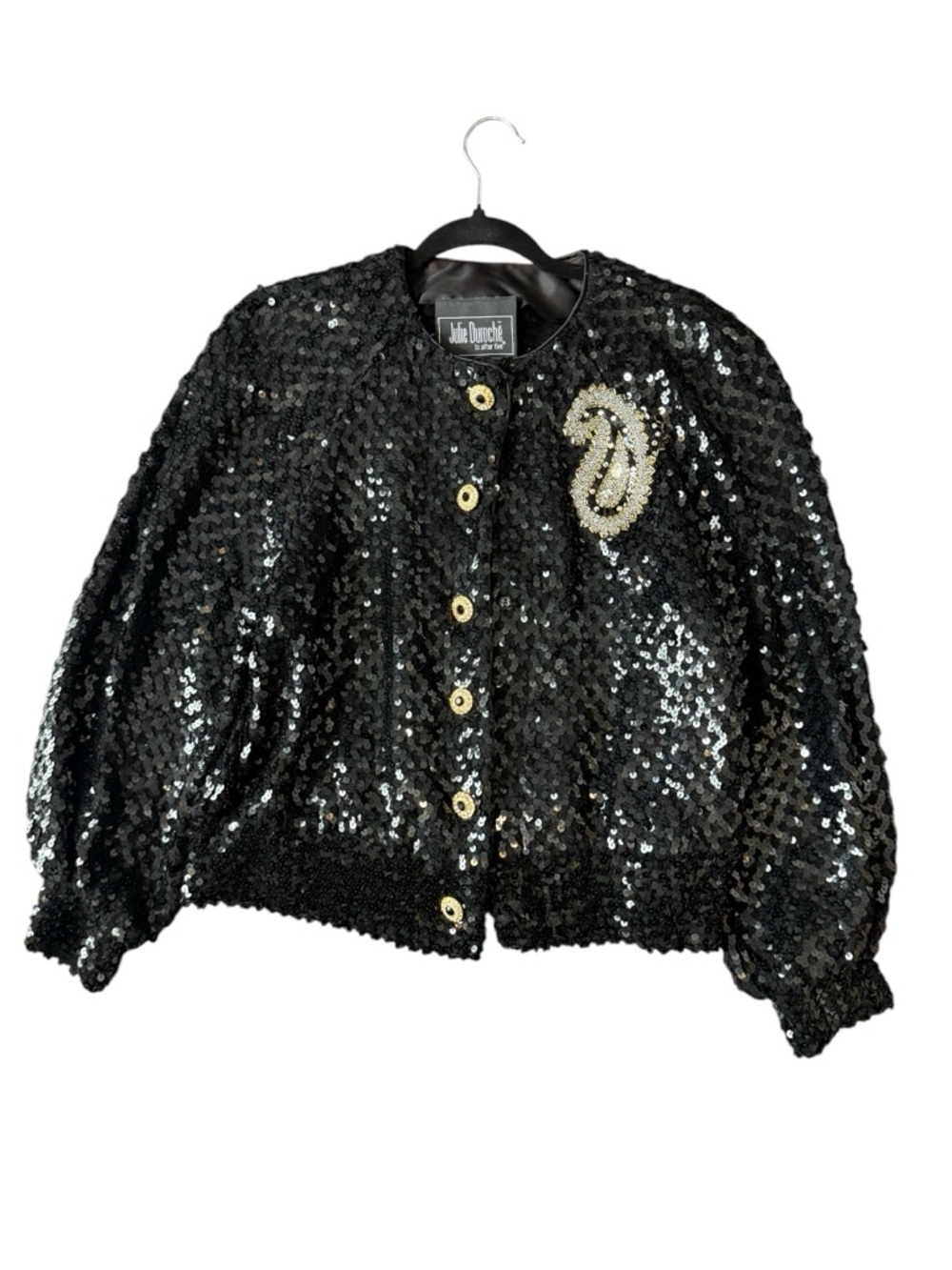 Vintage Julie Duroché Sequin Jacket Black Beaded Paisley Evening Blazer Glam 80s - Picture 7 of 15